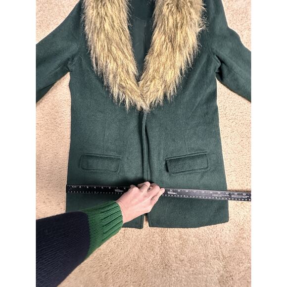 Tobi Wool Blend Blazer Faux Fur Collar Women Forest Green Tan Sz M Holiday Coat - Picture 13 of 14